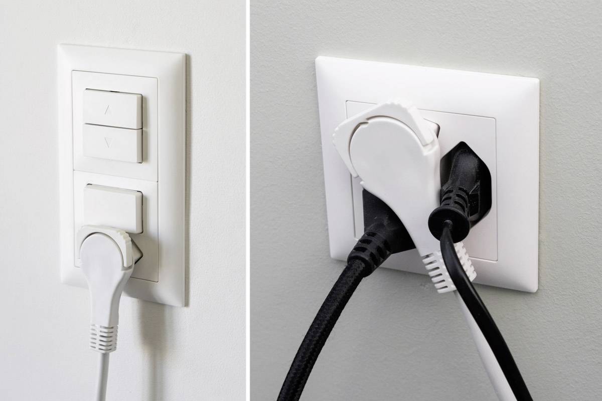 Doppeltes Bild: Links eine Steckdose mit Kabel; rechts zwei Kabel in einer Steckdose eingesteckt, ein schwarzes und ein weißes Kabel.