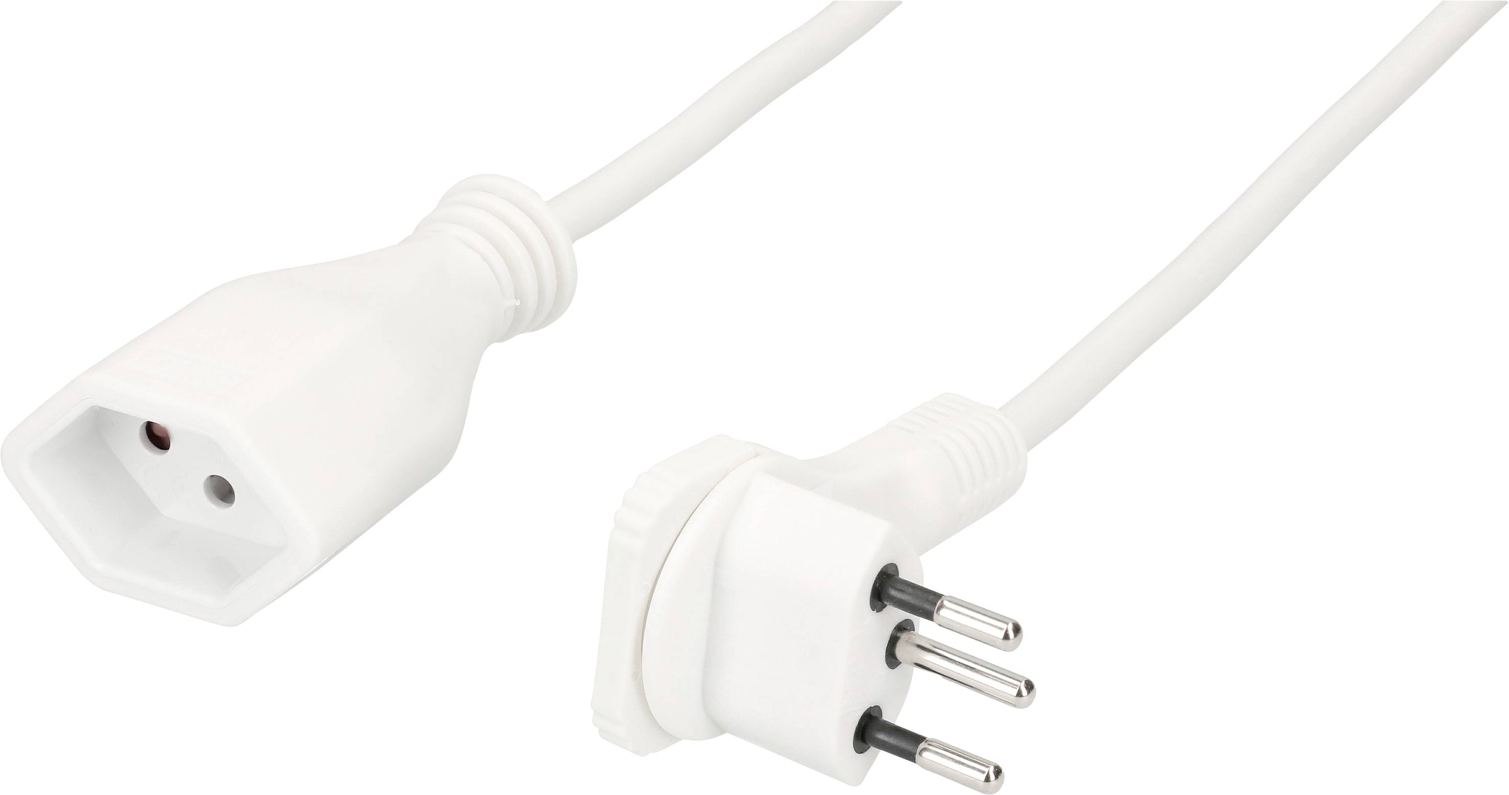 Ein weißes Netzkabel mit einem dreipoligen Euro-Stecker auf einer Seite und einer C13-Buchse auf der anderen Seite, geeignet für elektronische Geräte.