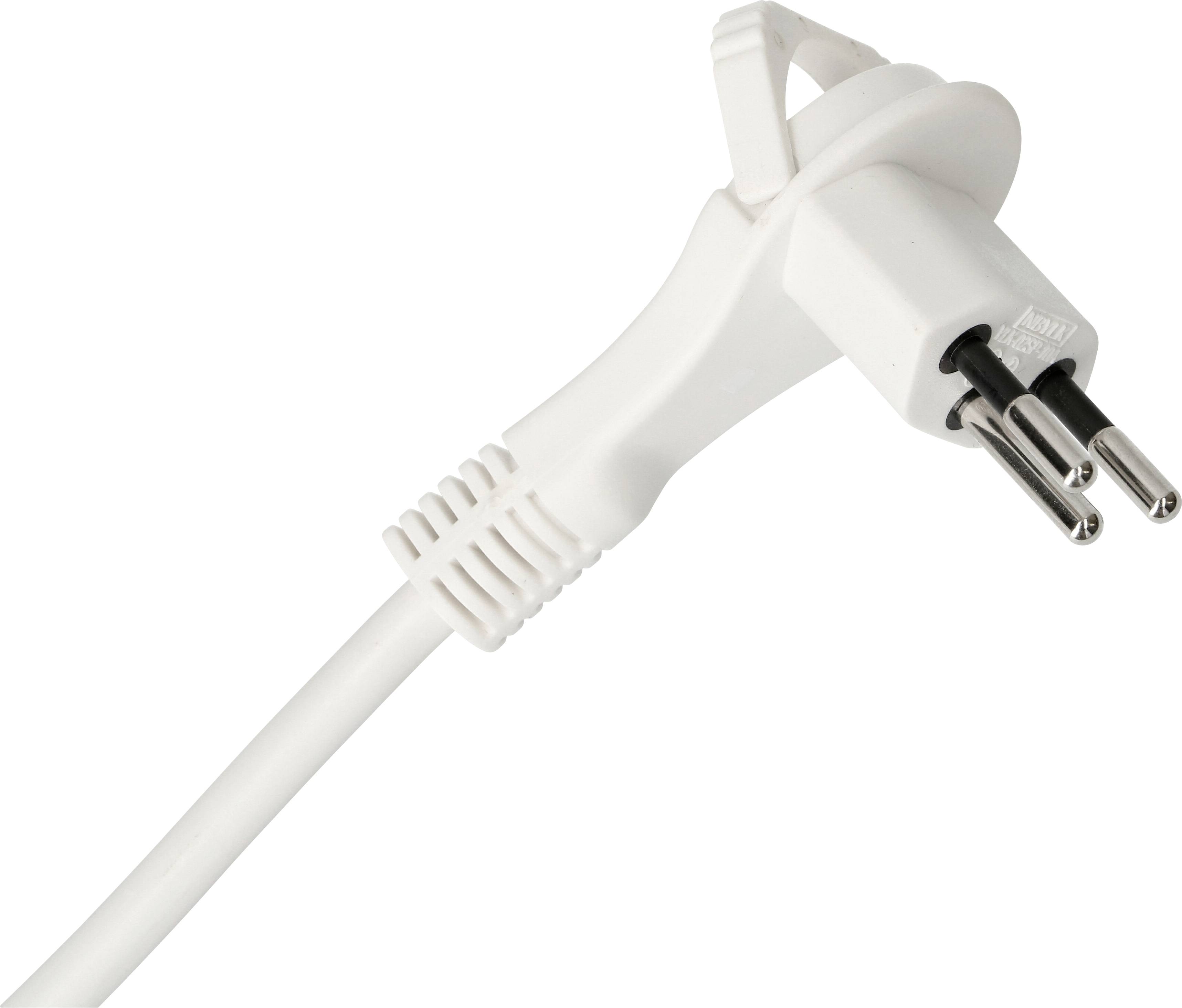 Weißer Netzstecker mit drei runden Stiften, geeignet für europäische Steckdosen.
