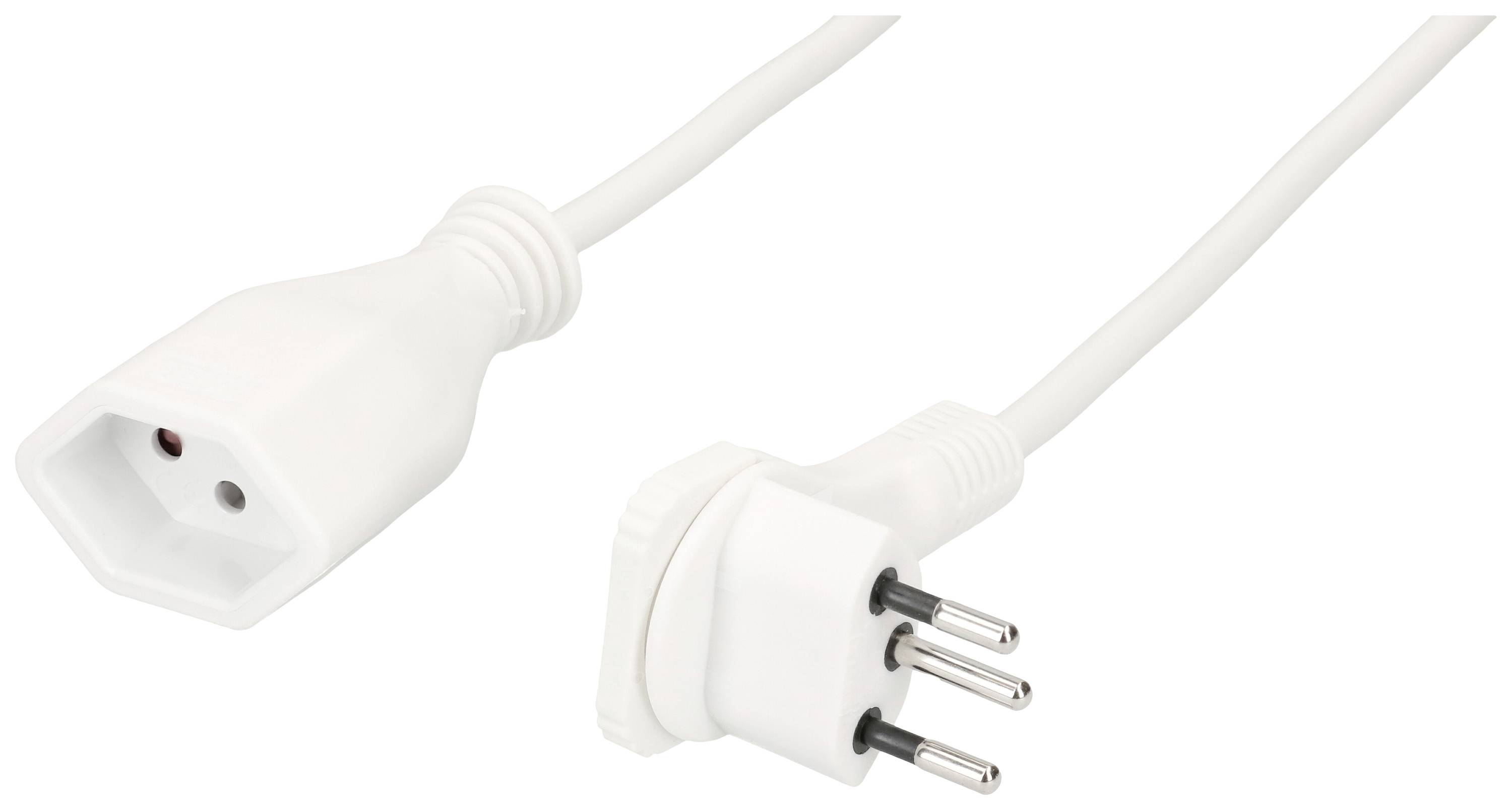 Stromkabel mit einem weißen Schuko-Stecker auf der einen Seite und einer weißen Buchse auf der anderen Seite.