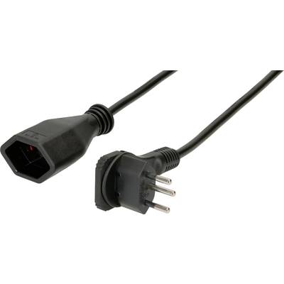 Ein schwarzes Stromkabel mit einem Stecker und einer Buchse, geeignet zur Verbindung von Elektrogeräten mit der Stromversorgung.
