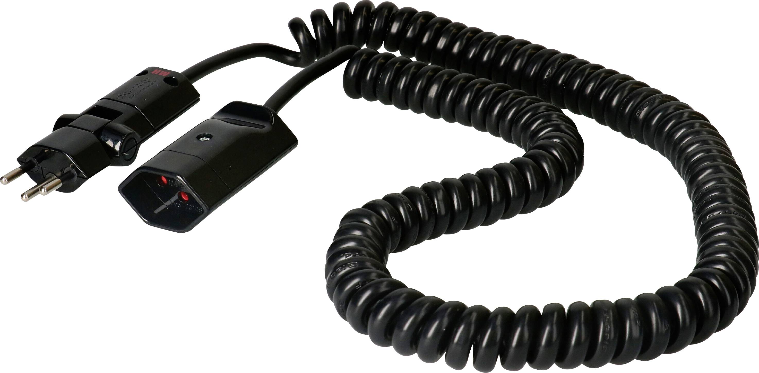 Spiralförmiges Stromkabel mit europäischem Stecker und Geräteanschluss, geeignet für Haushaltsgeräte oder Elektronik.