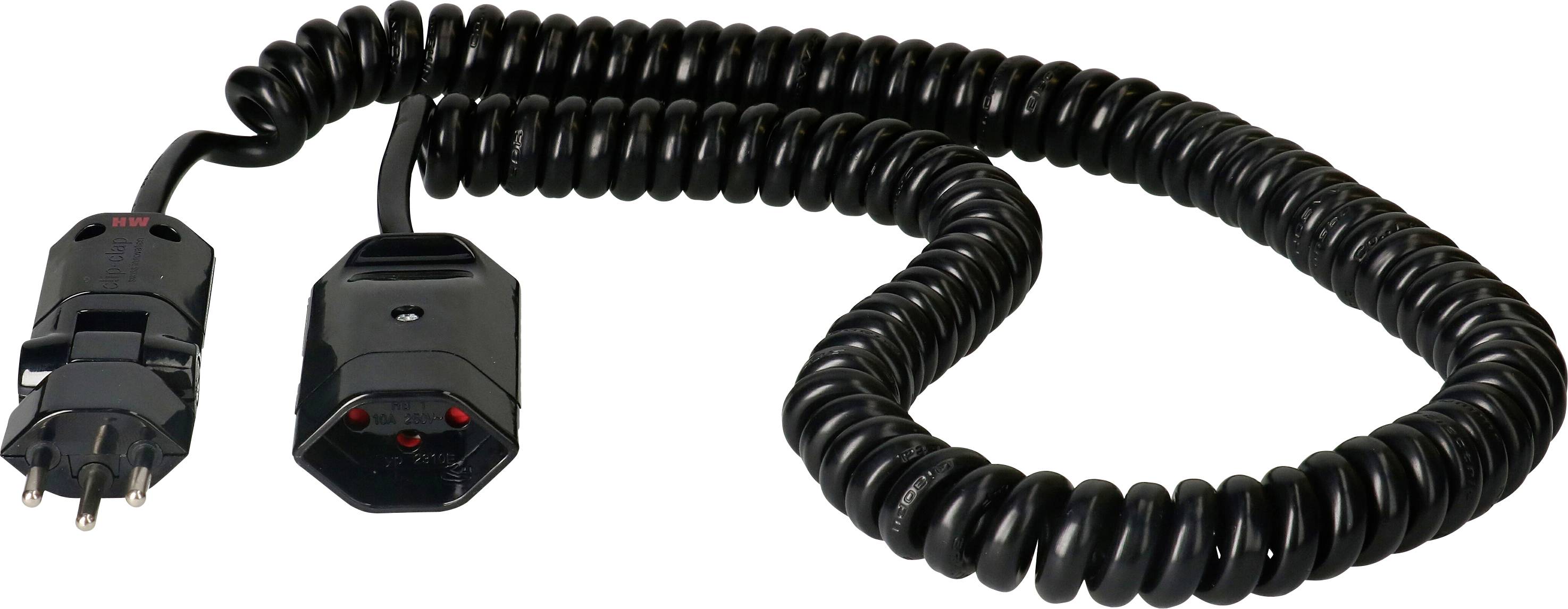 Elektrisches Spiralkabel mit einem Eurostecker auf der linken Seite und einer Kupplung auf der rechten Seite.