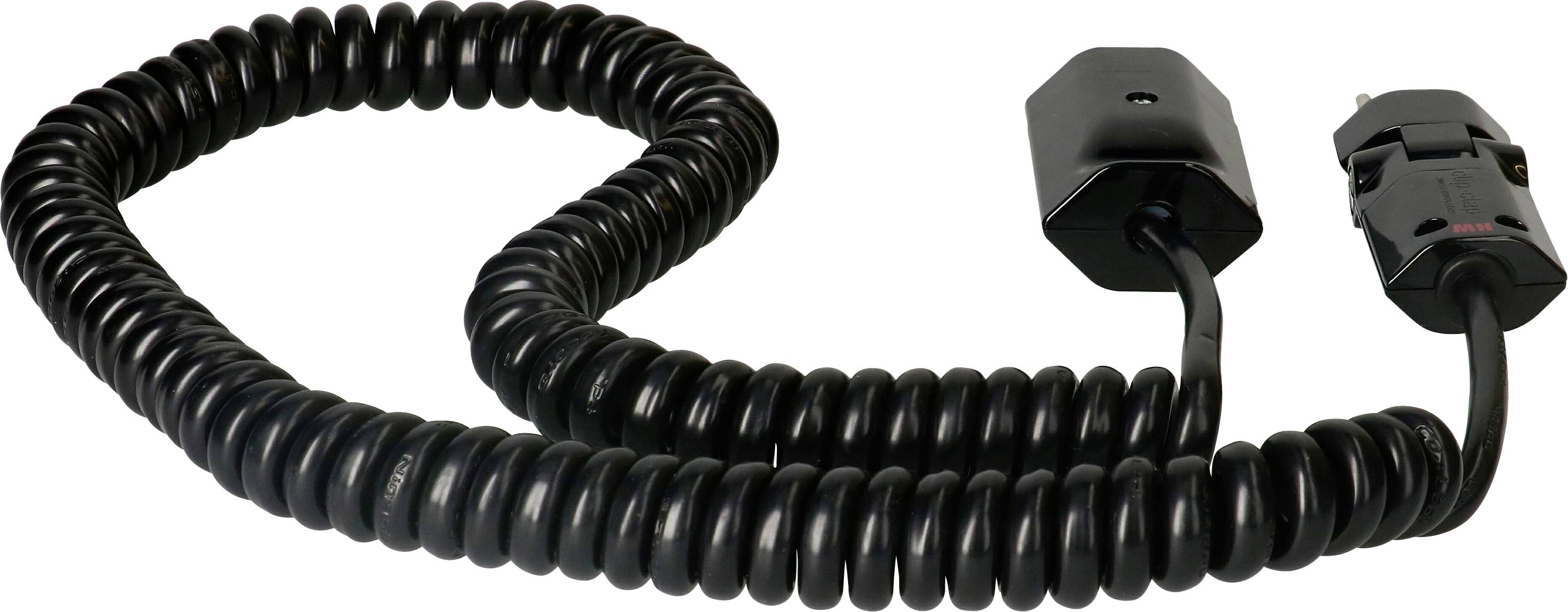 Spiralförmiges schwarzes Kabel mit zwei Steckverbindungen an den Enden, geeignet für elektrische Geräteanschlüsse.