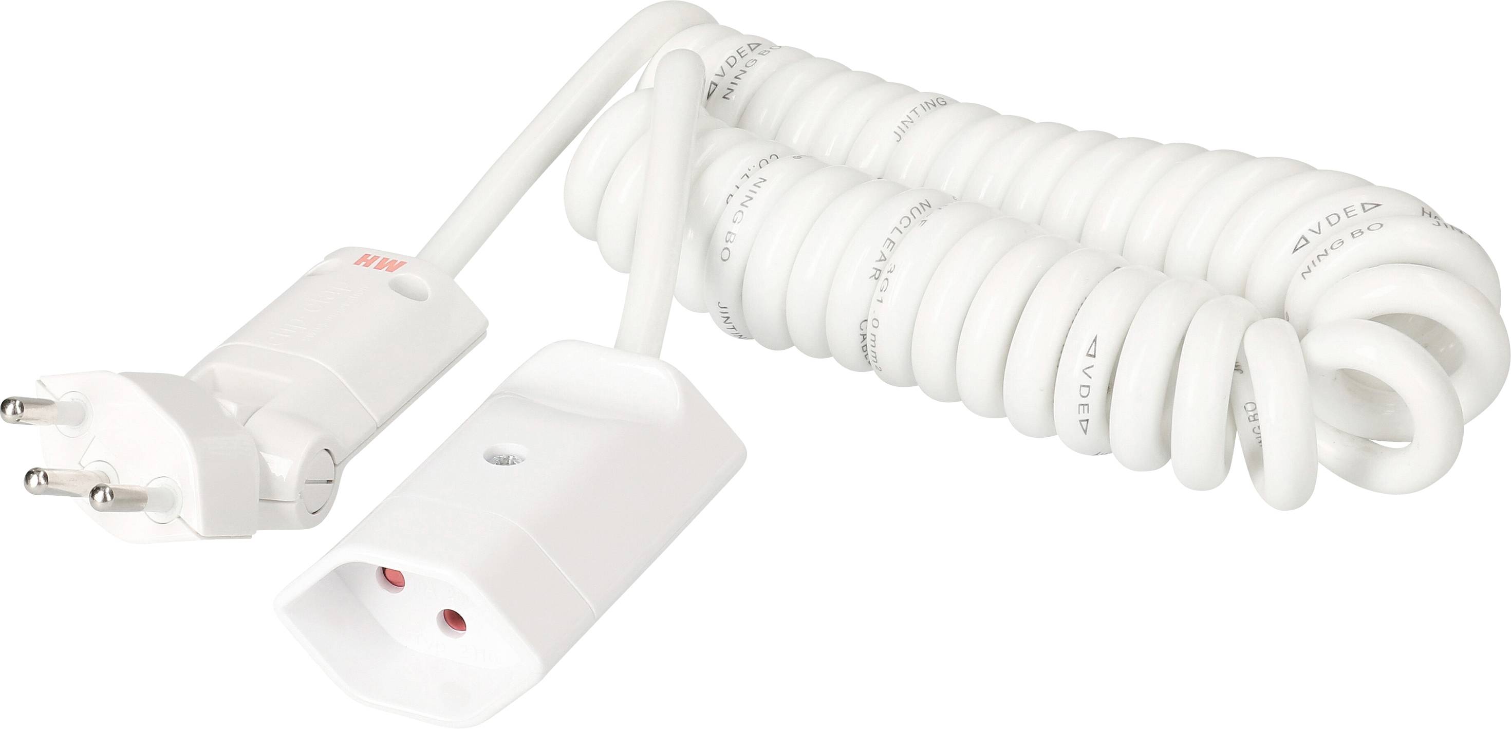 Weißes Spiralkabel mit Euro-Stecker und Buchse, geeignet zur Verlängerung von Stromanschlüssen.
