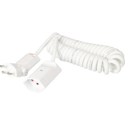 Weißes Spiralkabel mit Euro-Stecker und Buchse, geeignet zur Verlängerung von Stromanschlüssen.