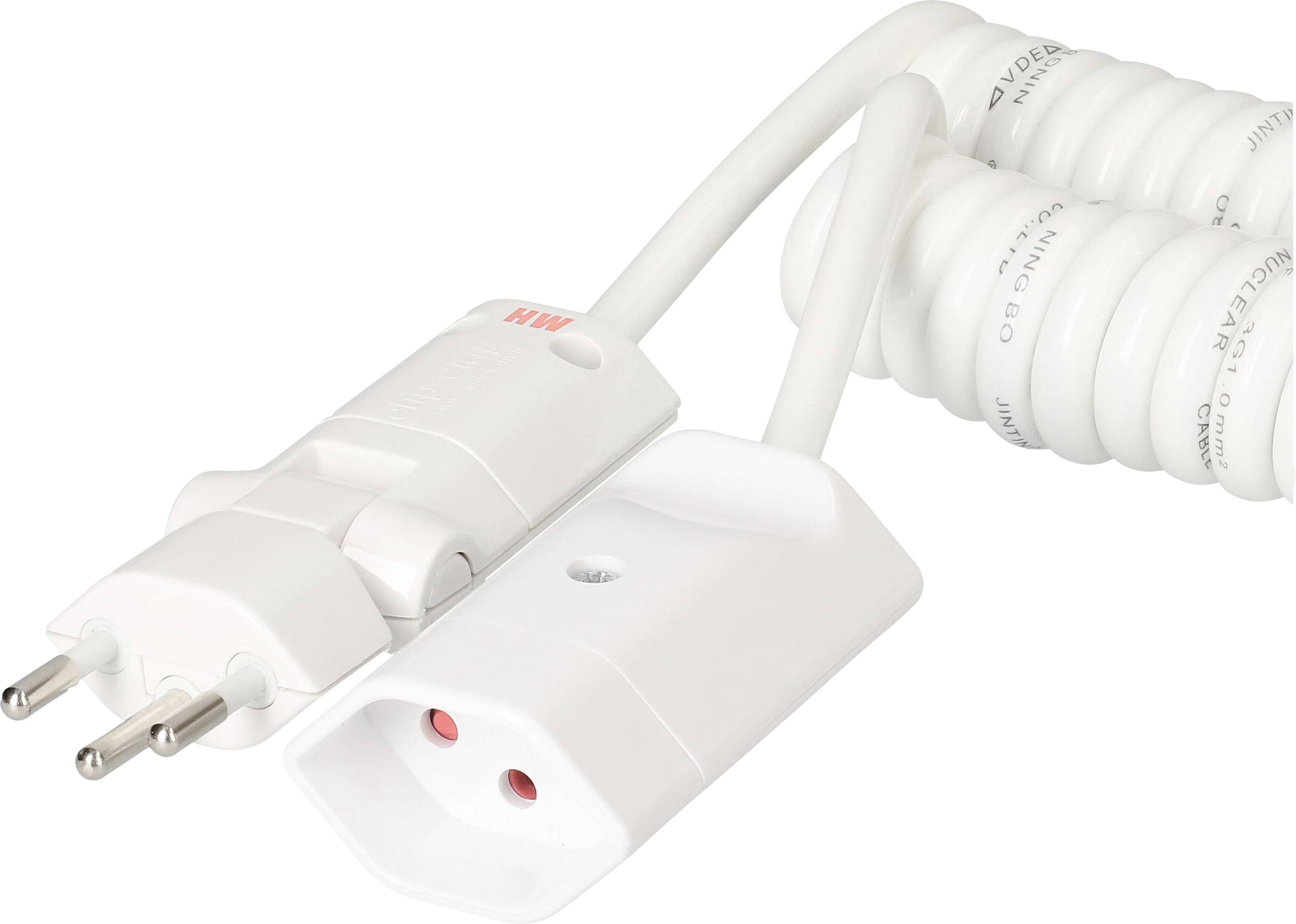 Ein weißes Verlängerungskabel mit einem Eurostecker und einer Eurosteckdose, geeignet für den Anschluss von Geräten in Europa.