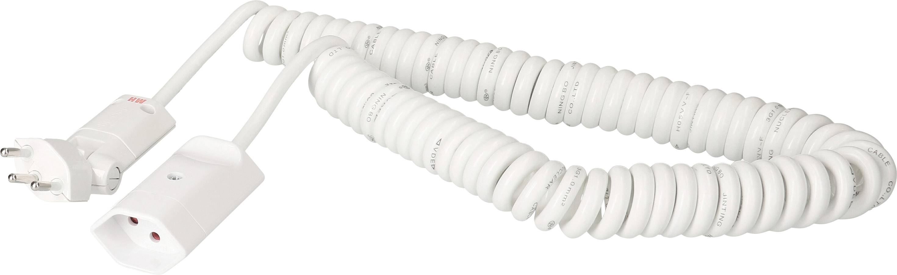 Weißes, spiralförmiges Verlängerungskabel mit einer Steckdose und einem Stecker.