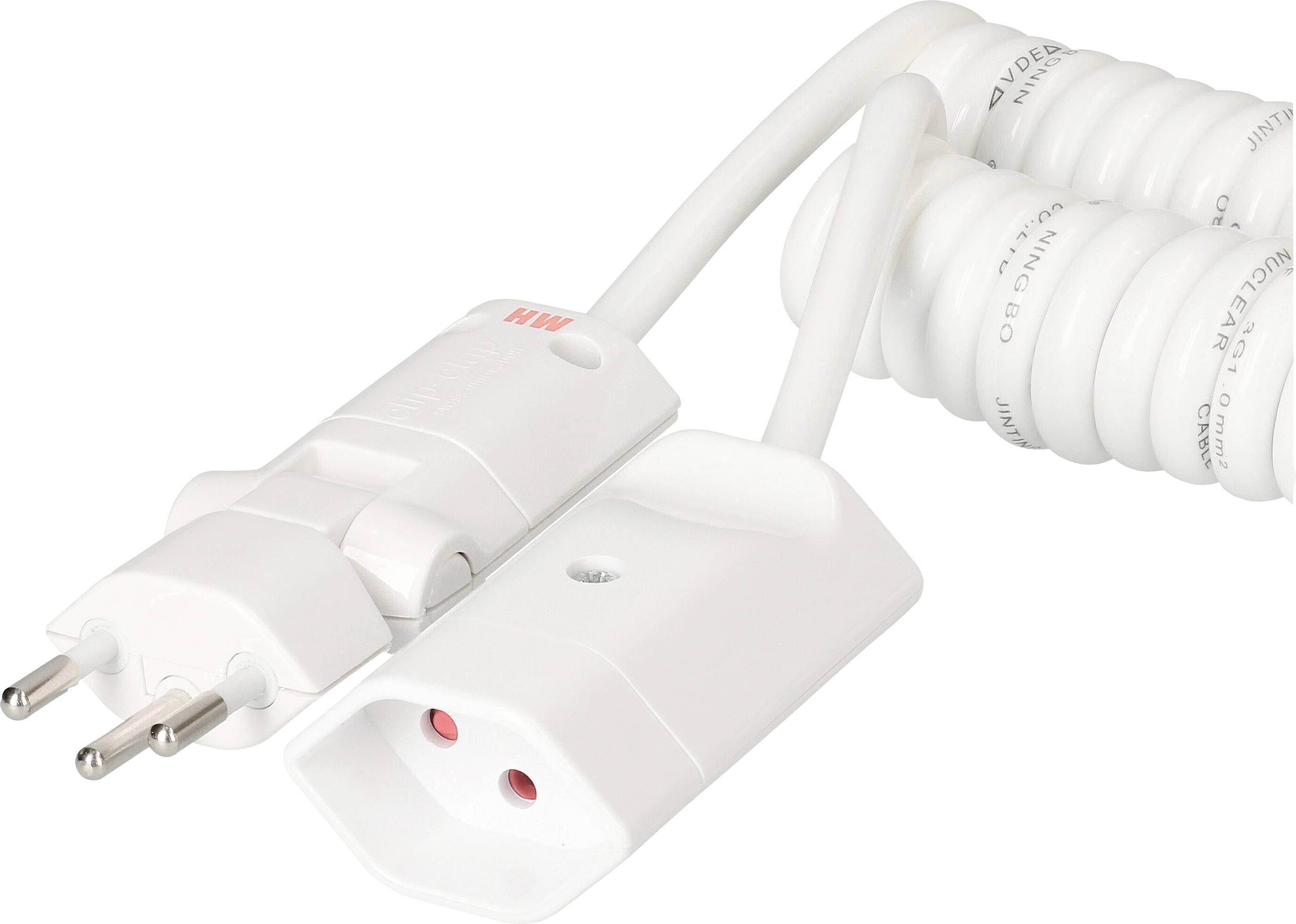 Eine weiße Verlängerungsschnur mit Schuko-Stecker und Buchse, Kabel aufgerollt daneben. Geeignet für europäische Steckdosensysteme.