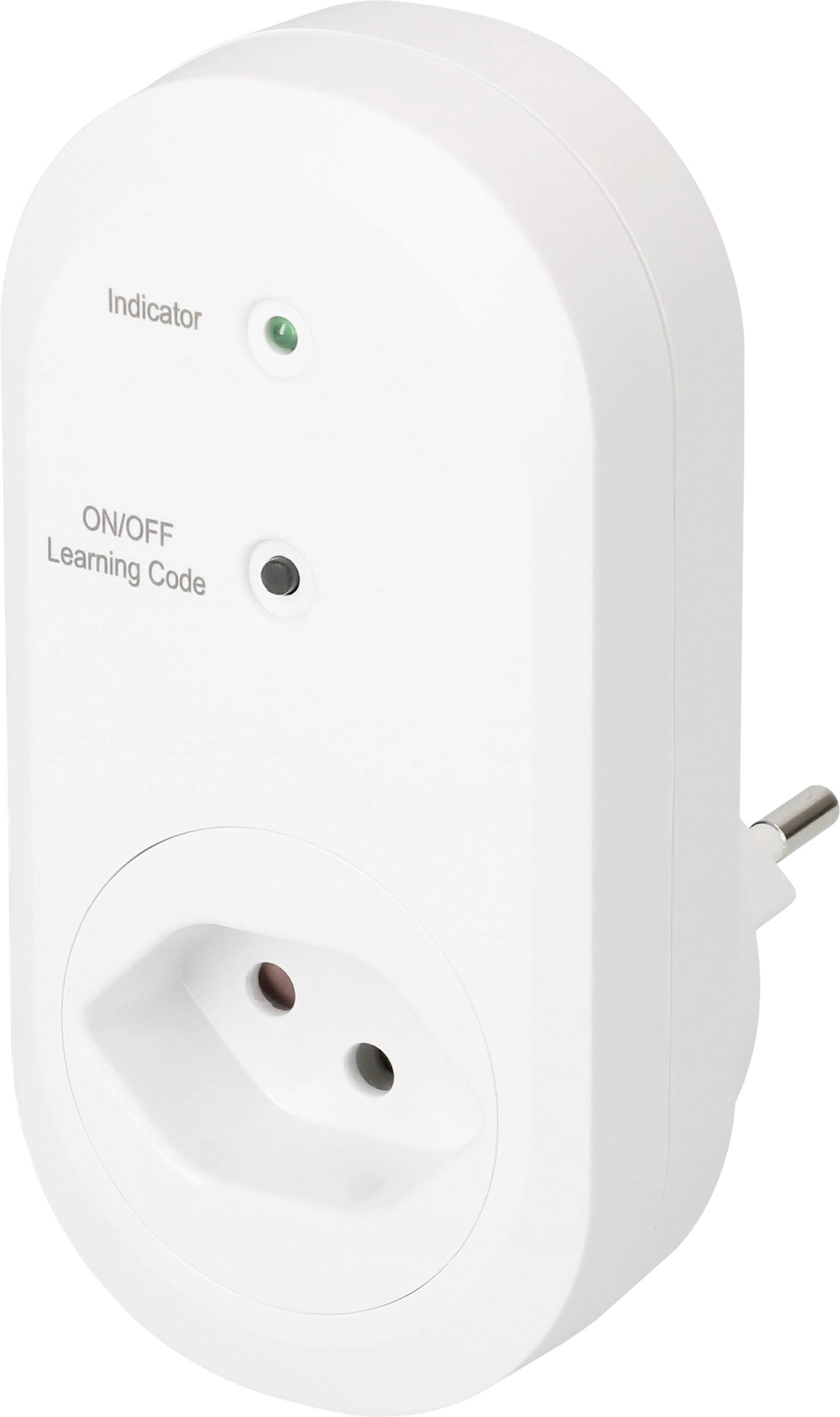Weiße Steckdose mit grünem und schwarzem Knopf, beschriftet mit 'Indicator' und 'ON/OFF Learning Code'. Geeignet zur Steuerung von Geräten.