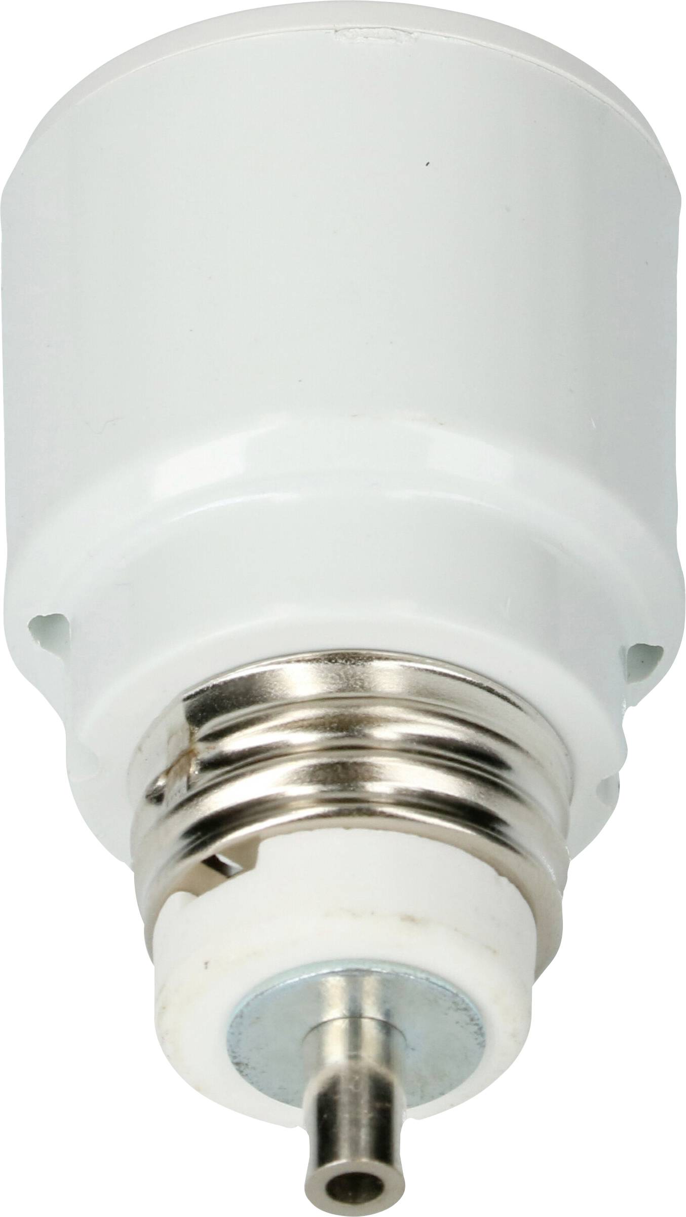 Ein weißer Adapter mit E27-Gewinde und einem runden Metallanschluss an der Unterseite, der als Verbindungselement dient.