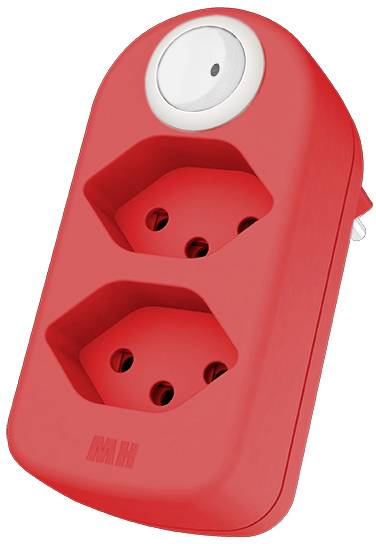 Ein rotes Adapterstück mit zwei Steckdosenöffnungen und einem großen weißen Knopf an der Oberseite.
