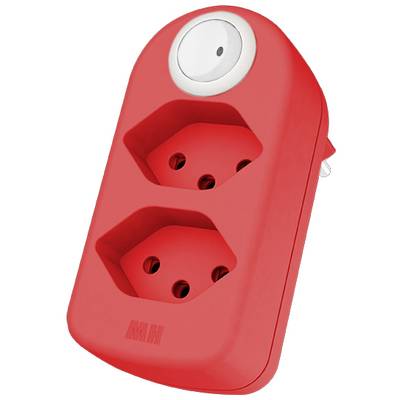 Ein rotes Adapterstück mit zwei Steckdosenöffnungen und einem großen weißen Knopf an der Oberseite.