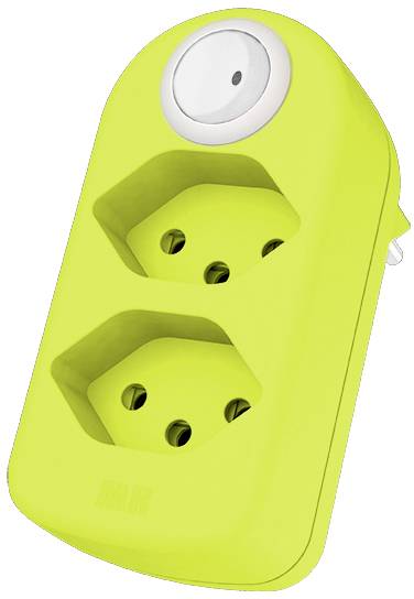 Gelber Doppelsteckeradapter mit zwei sechseckigen Steckplätzen und weißem, runden Schalter oben.