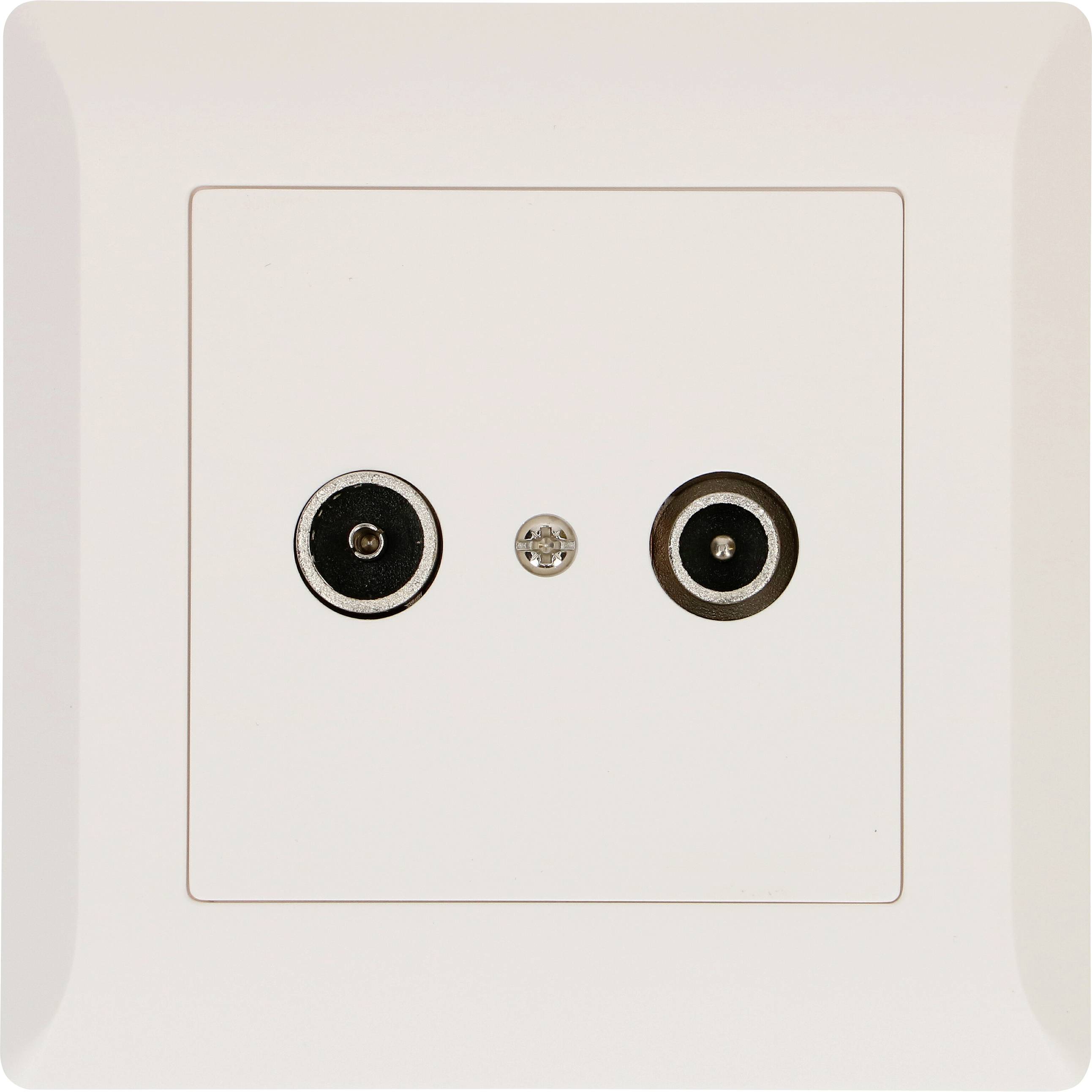 Weißes Antennendosensystem mit zwei Koaxialanschlüssen. Geeignet für Fernseher- und Radioverbindungen.