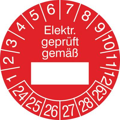 SafetyMarking 30.0799.24-29 Prüfplakette Elektrisch geprüft gemäß 2024-2029 Rot/Weiß Folie selbstklebend (Ø) 2.5 cm 2.5