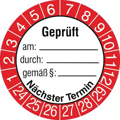 'Geprüft'-Plakette in Rot, mit Feldern für Datum, Prüfer und Gesetzesparagraf, um nächsten Prüfungstermin anzugeben.