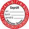'Geprüft'-Plakette in Rot, mit Feldern für Datum, Prüfer und Gesetzesparagraf, um nächsten Prüfungstermin anzugeben.