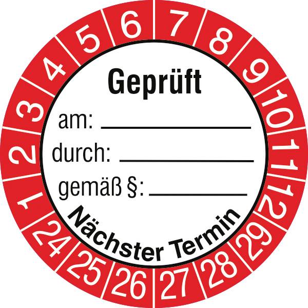 SafetyMarking 30.3697.24-29 Prüfplakette Geprüft am / durch / gemäß § / nächster Termin 2024-2029 Weiß-Rot, Schwarz/Weiß Folie selbstklebend (Ø) 3 cm 3 cm 15 St.