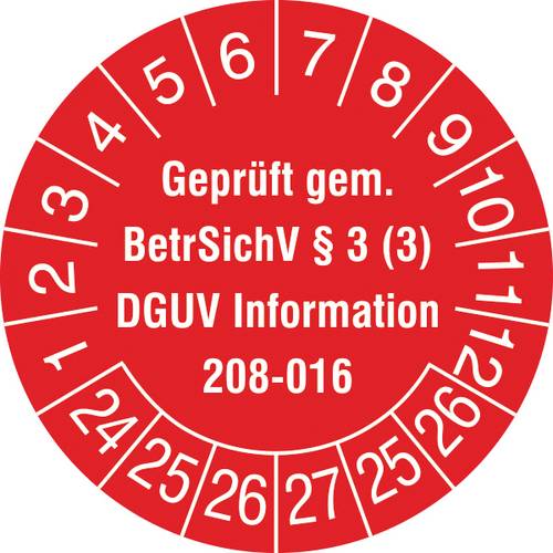 SafetyMarking 30.C2170.24-29 Prüfplakette Geprüft gem. BetrSichV §3 (3), DGUV Information 208-016 2024-2029 Rot/Weiß Fol...