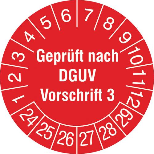 SafetyMarking 30.C2105.24-29 Prüfplakette Geprüft nach DGUV Vorschrift 3 2024-2029 Rot/Weiß Folie selbstklebend (Ø) 3 cm...