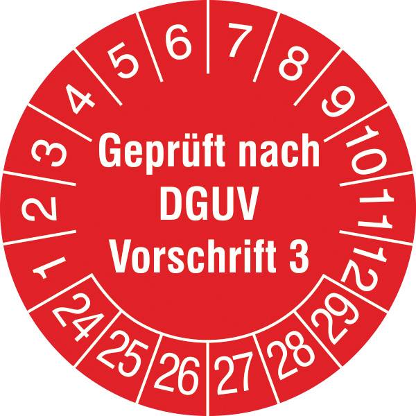 SafetyMarking 30.C2105.24-29 Prüfplakette Geprüft nach DGUV Vorschrift 3 2024-2029 Rot/Weiß Folie selbstklebend (Ø x L) 3 cm x 3.0 cm 3 cm DGUV 15 St.