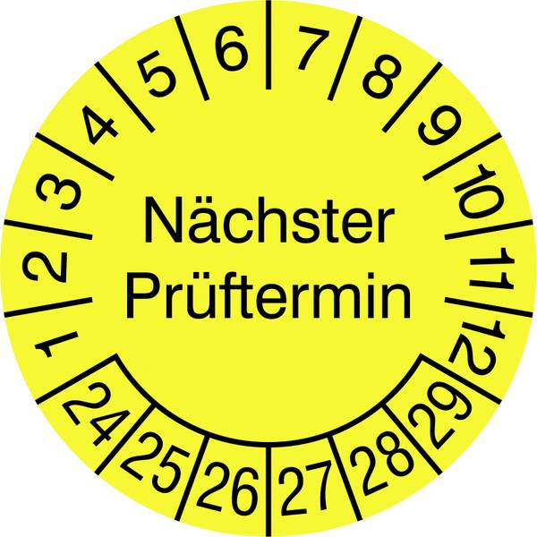 SafetyMarking 30.3725.24-29 Prüfplakette Nächster Prüftermin 2024-2029 Gelb-Schwarz Folie selbstklebend (Ø x L) 1.5 cm x 1.5 cm 1.5 cm   40 St.