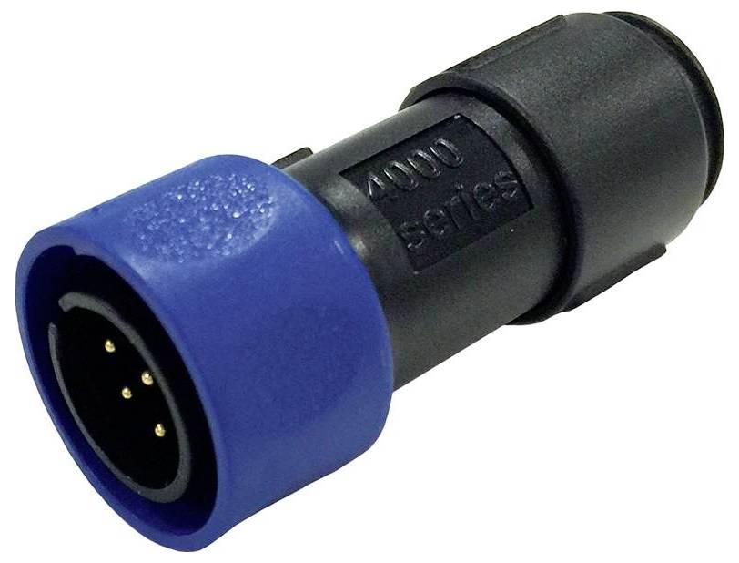Ein zylindrischer Elektrostecker mit blauem Griff und der Bezeichnung „4000er Serie"; mit vier Metallstiften am Verbindungsende.
