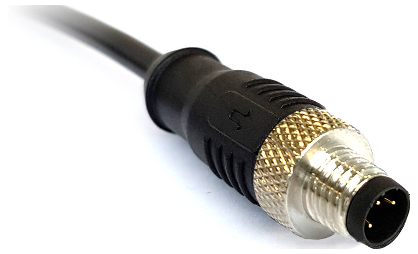 Eine Nahaufnahme eines schwarzen und silbernen kreisförmigen Steckers mit einer Metallschraubbefestigung, die für sichere elektrische oder Datenverbindungen verwendet wird.