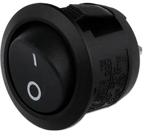 Ein schwarzer runder Wippschalter in der 'Aus'-Position, der das 'O'-Symbol zeigt und zum Ein- und Ausschalten elektrischer Geräte verwendet wird.