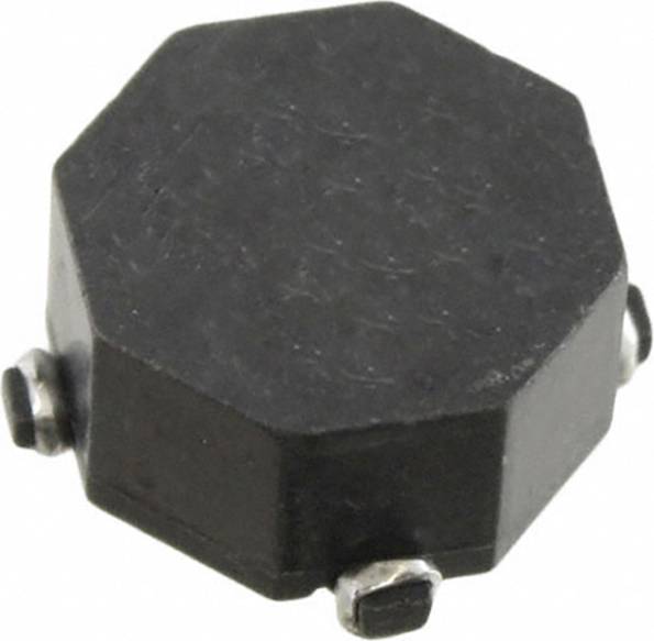 Eine kleine, schwarze, oktagonale elektronische Komponente mit Metallanschlüssen an ihren Seiten, höchstwahrscheinlich eine Induktivität oder ein Widerstand für Leiterplatten.