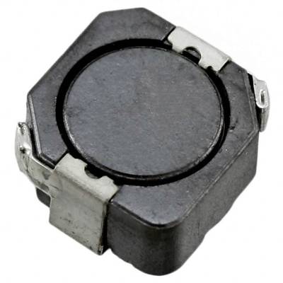 Quadratische SMD-Induktivität mit rundem Ferritkern, schwarzes Gehäuse, Metallanschlüsse an zwei Seiten, used in elektronischen Schaltungen.