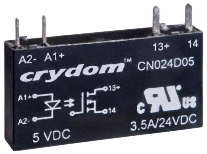 Ein schwarzes rechteckiges Festkörperrelais mit der Bezeichnung „crydom CN024D05 5 VDC 3.5A/24VDC" mit Anschlussstiften und Schaltungssymbolen.