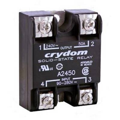 Ein Crydom-Halbleiterrelais, Modell A2450, zeigt Anschlüsse an den Klemmen. Ausgang: 240V, 50A. Eingang: 90-280V. Zertifizierungen sind sichtbar.