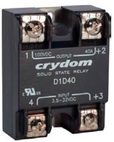 Ein schwarzes Halbleiterrelais mit der Beschriftung „Crydom D1D40", das eine 100-V-Gleichspannungsausgabe und einen 3,5-32-V-Gleichspannungseingang aufweist und zur Steuerung der Stromschaltung verwendet wird.