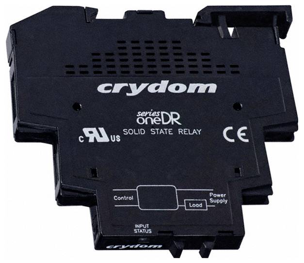Ein schwarzes Crydom MCBC2450CL Halbleiterrelais mit zwei Schrauben, beschriftet mit „277V~ OUTPUT 50A" und „OUTPUT STATUS".