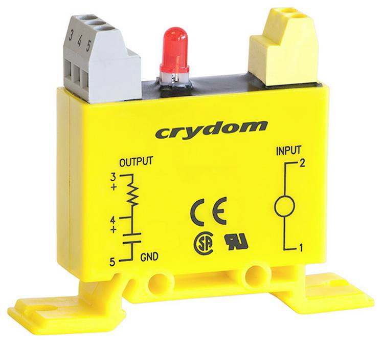 „Crydom" gelbes Halbleiterrelais mit beschrifteten Ein- und Ausgangsklemmen. Rote Anzeigelampe befindet sich oben. Zertifizierungsmerkmale sind auf der Vorderseite gekennzeichnet.