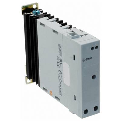 Eine Nahaufnahme eines grauen Crouzet-Halbleiterrelais mit einem Kühlkörper, vertikal montiert, mit sichtbaren Beschriftungen und elektronischen Zertifizierungssymbolen.