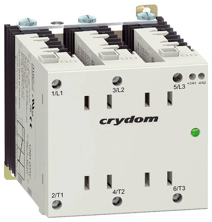 Eine schwarze Relaisbase von Crydom mit acht schlitzförmigen Fächern für elektrische Verbindungen, entwickelt für sichere Montage.