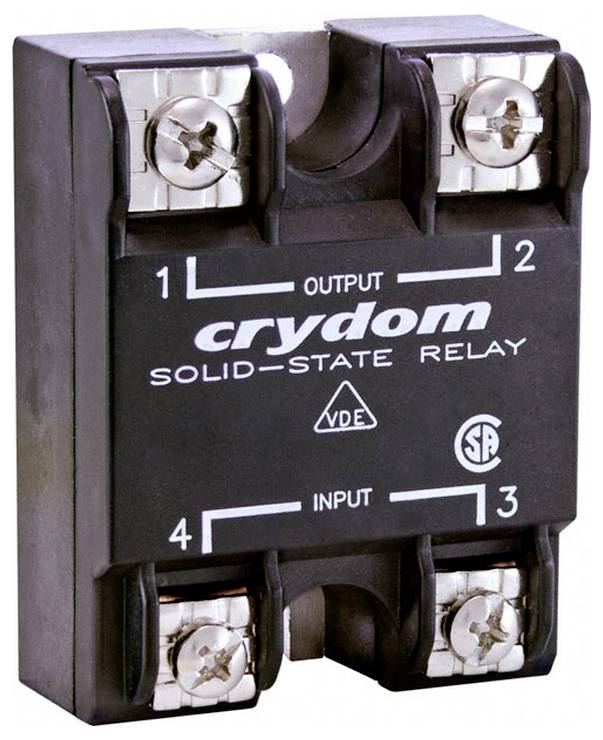 Ein gelbes Crydom Opto-Relais mit CE-, RU- und CSA-Kennzeichnungen, ausgestattet mit beschrifteten Ein- und Ausgangskontakten für elektrische Verbindungen.