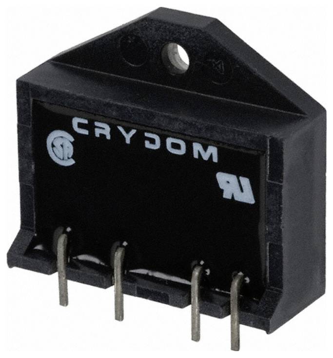 Ein schwarzes Crydom-Halbleiterrelais mit vier Metallstiften für elektrische Verbindungen und Sicherheitszertifizierungszeichen.