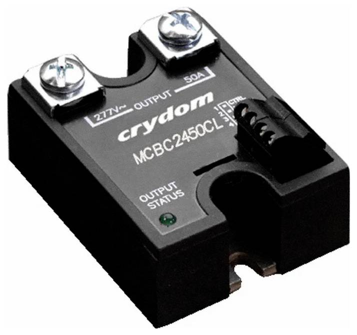 Ein Halbleiterrelais mit der Bezeichnung „crydom MCBC2450CL", das Ein-/Ausgansspezifikationen und eine Statusanzeigeleuchte zeigt.