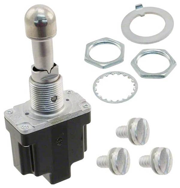 Ein Metallkippschalter mit drei Schrauben, zwei Muttern und einer Unterlegscheibe, auf einem weißen Hintergrund angeordnet.