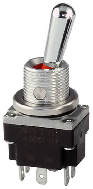 Eine Nahaufnahme eines metallenen Kippschalters in der Position "Ein" mit sichtbaren Befestigungsgewinden und sechs Anschlussklemmen an der Basis.