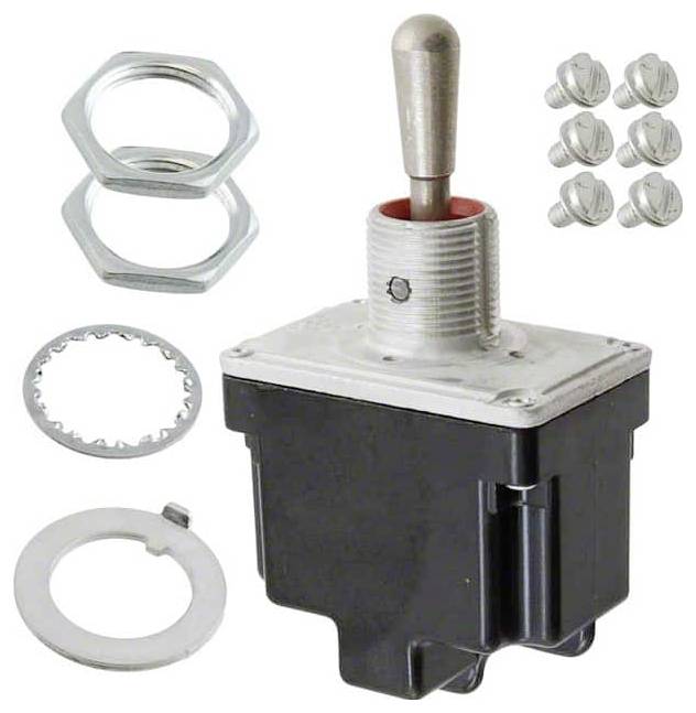 Ein Kippschalter mit einem Metallarretierungshebel, Sechskantmuttern und Unterlegscheiben, die Hardwarekomponenten für elektrische oder mechanische Anwendungen andeuten.