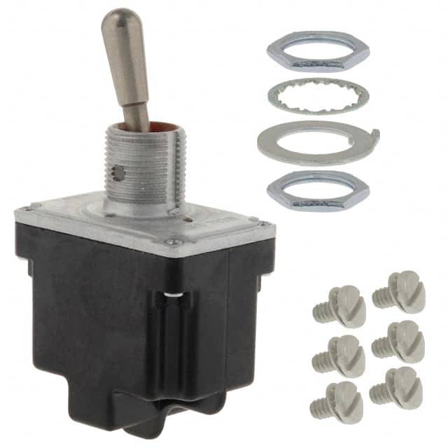 Ein Kippschalter mit Zubehörteilen wie Muttern, Unterlegscheiben und Schrauben, die zur Befestigung des Schalters verwendet werden.