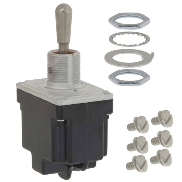 Abbildung eines Kippschalters mit Befestigungsteilen und Schrauben. Der Schalter hat einen metallischen Hebel und ist in Kunststoffgehäuse eingebaut.