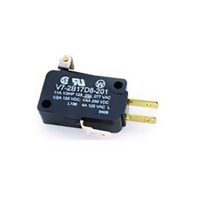 Ein schwarzer Mikroschalter mit goldenen Anschlussstiften, gekennzeichnet mit elektrischen Spezifikationen.
