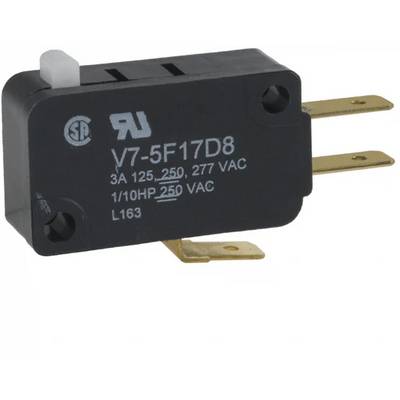 „V7-5F17D8" Mikroschalter mit Goldkontakten, gekennzeichnet mit elektrischen Spezifikationen: 3A, 125/250V, 1/10PS bei 250VAC.