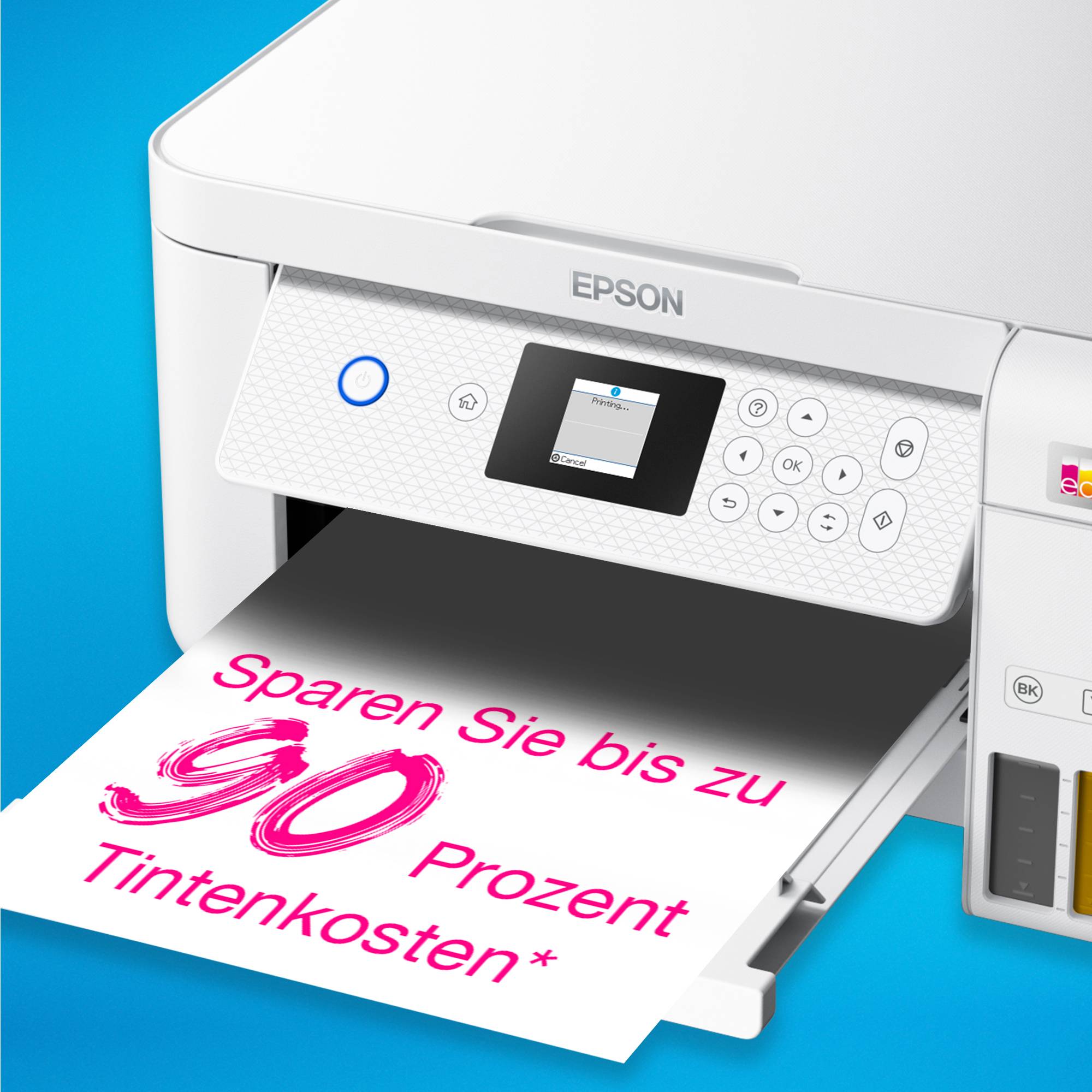 Weißer Drucker mit einem Blatt Papier, auf dem steht: 'Sparen Sie bis zu 90 Prozent Tintenkosten'.